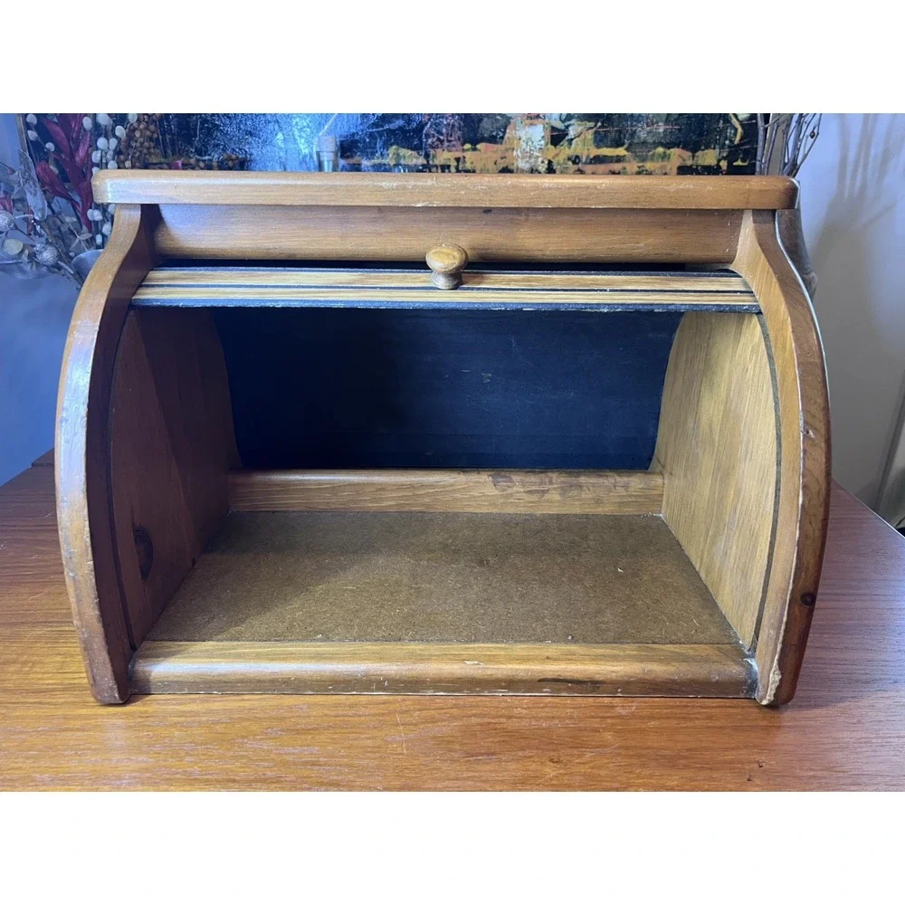 Vintage Roll Top Oak Wood Bread Box Farmhouse Cottage Kitchen Storage Grannycore